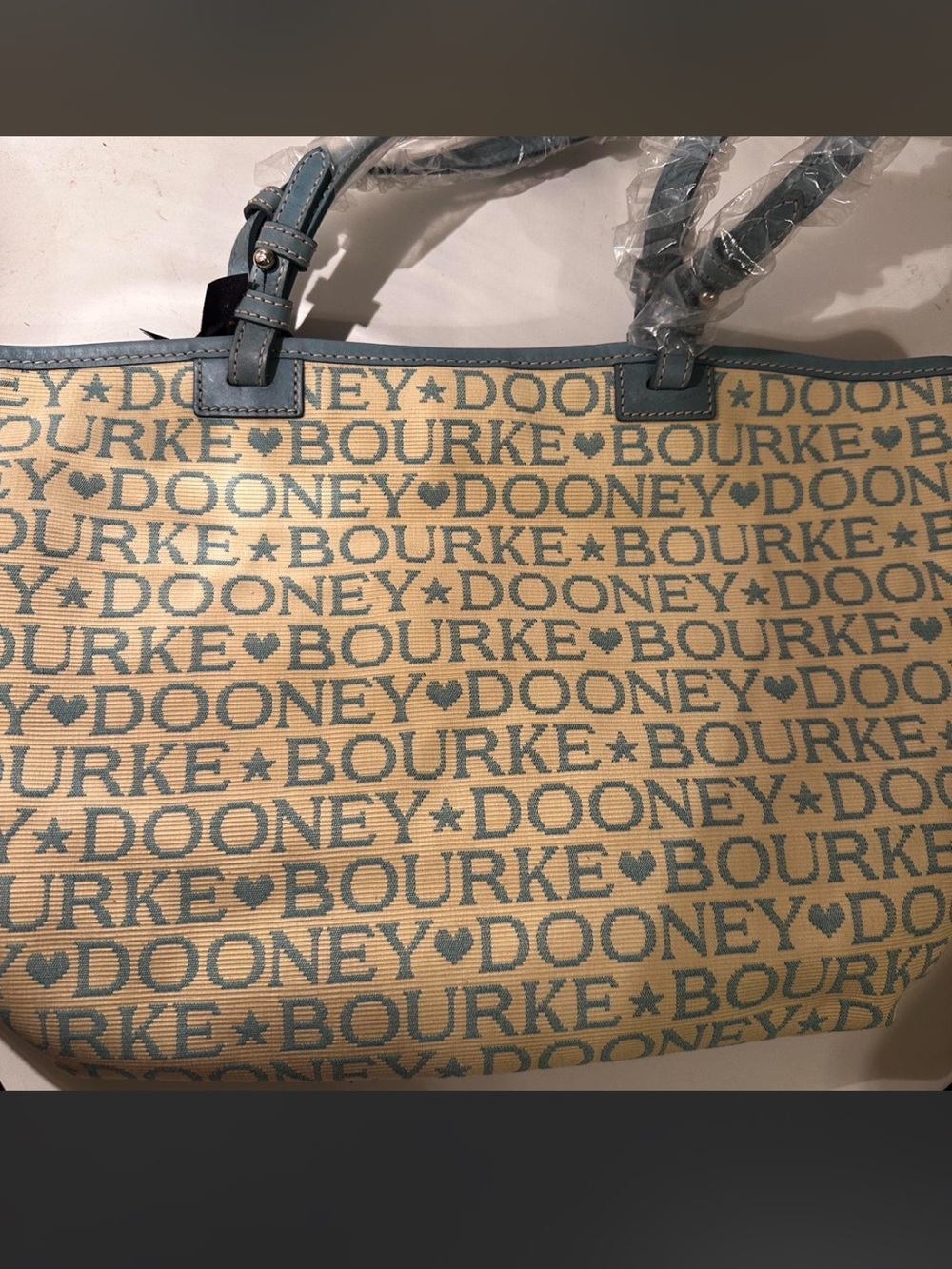 Dooney & Bourke Tan and Blue Logo Jacquard Tote